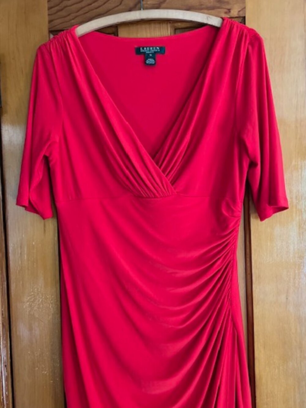 Lauren Ralph Lauren Red Faux-Wrap Jersey Ruched Stretch Dress Woman's Size 12